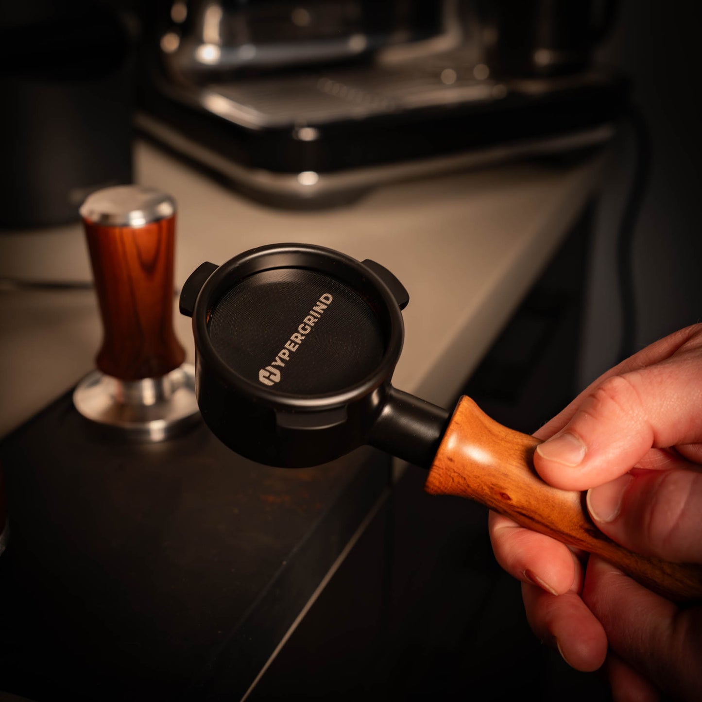 E61 58mm Bottomless Portafilter (Black/Rosewood)